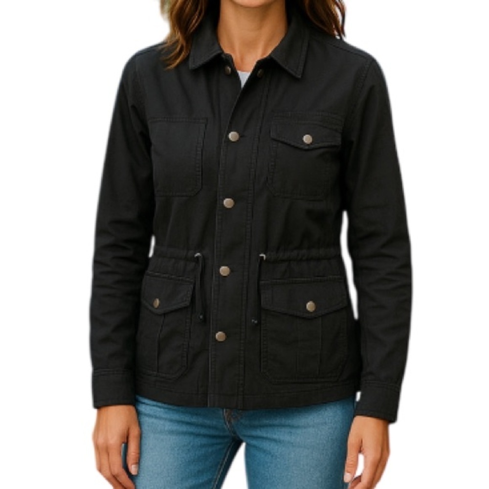 VOLCOM Day Dreamer Linen Blend Utility Jacket Black Zip Snap Drawstring Size S